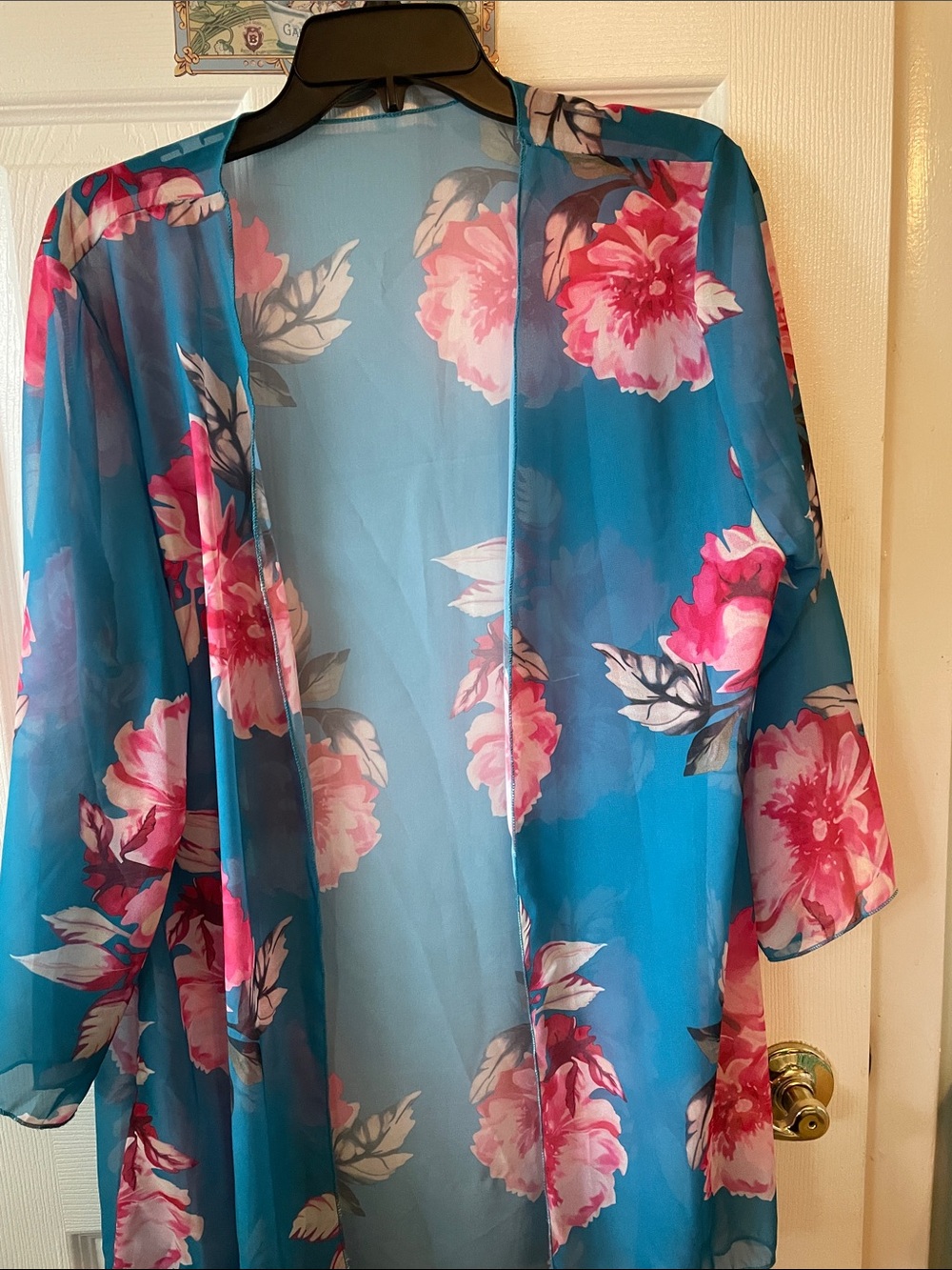 Sheer Teal Floral Kimono - Pink Blooms